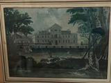 framed picture of a painting of a house in a wooded area