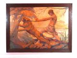 painting of a man with a dog on a leash in front of a tree