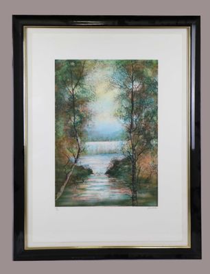 painting of a river with trees and water in the foreground
