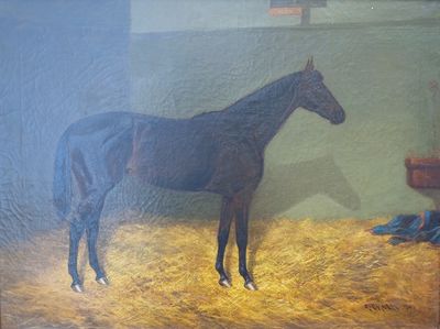 un tableau représentant un cheval debout dans une écurie