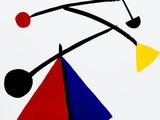 a white poster with a red, blue, yellow and red triangle on it