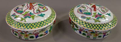 pair of chinese famille porcelain covered boxes with floral designs