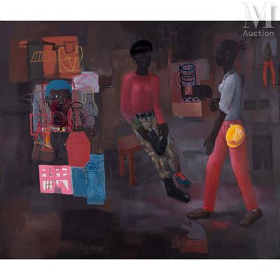 painting of two men walking down a street in front of a store