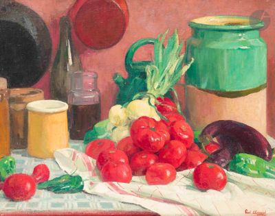 a painting of tomatoes, lettuce, and other vegetables on a table