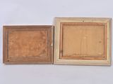 pair of antique wooden picture frames with wood inserts on white background