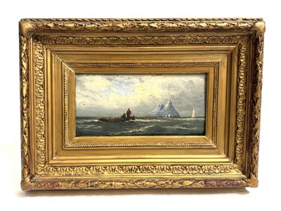 an oil painting of a sailboat in the ocean with sailboats in the background