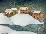 tableau représentant une maison dans la neige, traversée par un ruisseau
