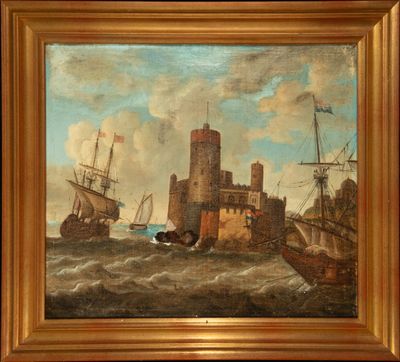 an oil painting of ships in a body of water with a castle in the background
