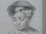 a drawing of a young boy with a hat on his head