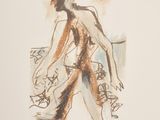 an image of a drawing of a woman walking down a street