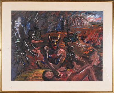 tableau représentant un groupe de personnes dans une grotte, avec des squelettes et des squelettes