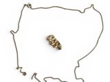 a gold necklace with a chain that has a small piece of jewelry on it