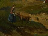 a painting of a woman and a dog by a river