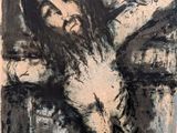 an image of a black and white drawing of a jesus on a cross