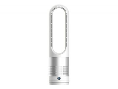 a close up of a white tower fan on a white background