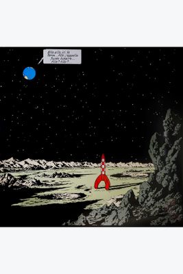 une image représentant une station spatiale sur la Lune, dans un style bande dessinée, avec une fusée en arrière-plan