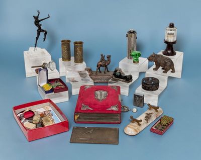 a lot of items that are on a blue surface
