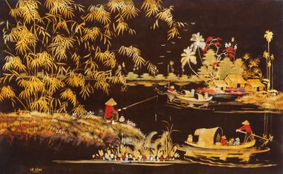 Vietnam, XXe siècle, Deux panneaux en laque, à décor en cama…