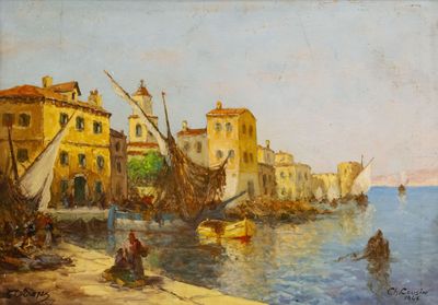 tableau représentant une scène de port avec des bateaux et des bâtiments en arrière-plan