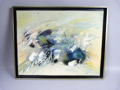 an abstract painting of blue and white flowers in a black frame