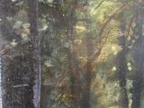 an oil painting of a forest scene with trees and a bench