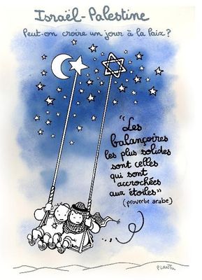 dessin représentant un couple sur une balançoire, avec une étoile et une lune dans le ciel