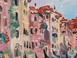 an oil painting of a canal with gondolas and buildings in the background