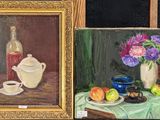 tableau représentant une nature morte composée d'un vase de fleurs, d'un vase de pommes et d'un vase de fleurs posés sur une table
