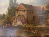 a painting of a water wheel in the middle of a river