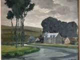 a painting of a country road with a house and trees
