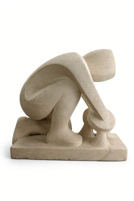 sculpture of a woman kneeling on her knees holding a surfboard