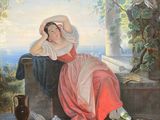 une peinture à l'huile représentant une femme en robe rouge assise sur un rebord