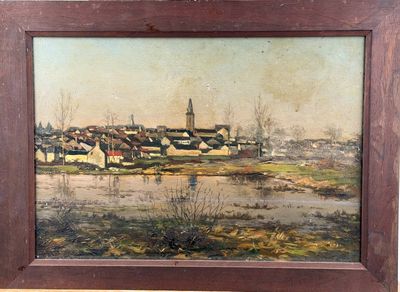 painting of a village by a river with a church in the distance