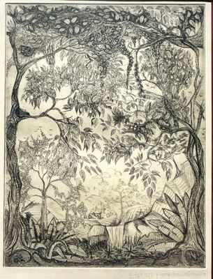 un dessin en noir et blanc représentant une forêt avec des arbres et des buissons