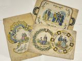 three pieces of old paper with pictures of people and animals on them