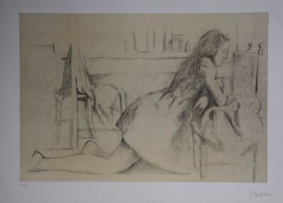 drawing of a woman laying on a bed in a room