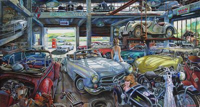 a painting of a garage filled with cars and motorcycles