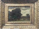 tableau représentant un paysage avec du bétail et des arbres, dans un cadre doré