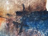 abstract painting of blue, orange, and brown colors on a wall