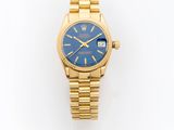 a lady ' s rolex watch with blue dial and gold bracelet