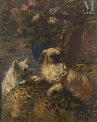 painting of a dog and a cat sitting on a couch