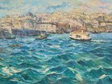 un tableau représentant un bateau au milieu de l'eau