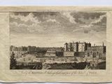 un vieux dessin représentant la vue d'un château avec un pont