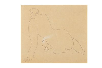 drawing of a nude woman sitting on the ground with her back to the camera