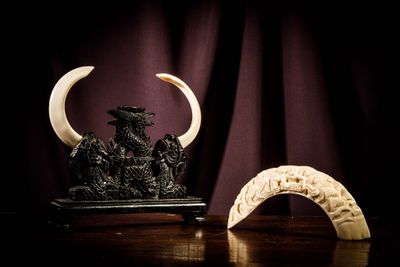 two pieces of carved ivory sitting on a wooden table