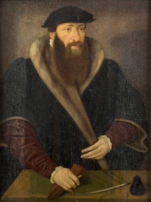 an old painting of a man with a beard holding a knife