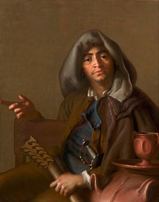 tableau représentant un homme assis sur une chaise avec une tasse de café