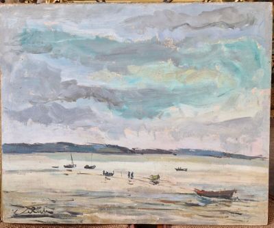 une peinture à l'huile d'une scène de plage avec des bateaux dans l'eau