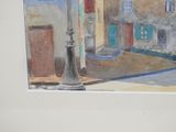 a painting of a street light in front of a building