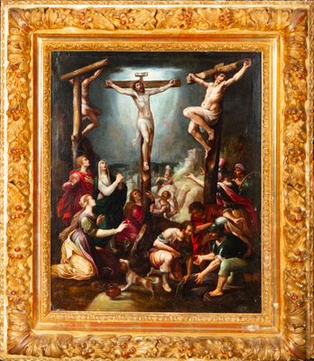 an oil painting of a crucif with a group of people around it